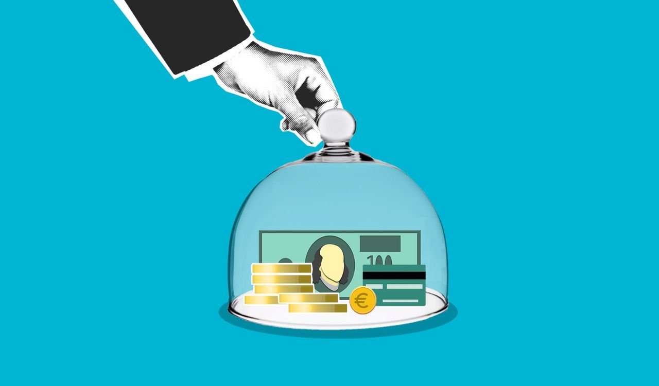 services-05 Decorative cardboard illustration of person hand putting transparent dome on dollar banknotes and coins on blue background